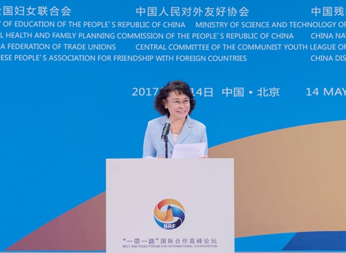 图为海迪主席发表“努力推动残疾人融合、共享与发展”主题演讲